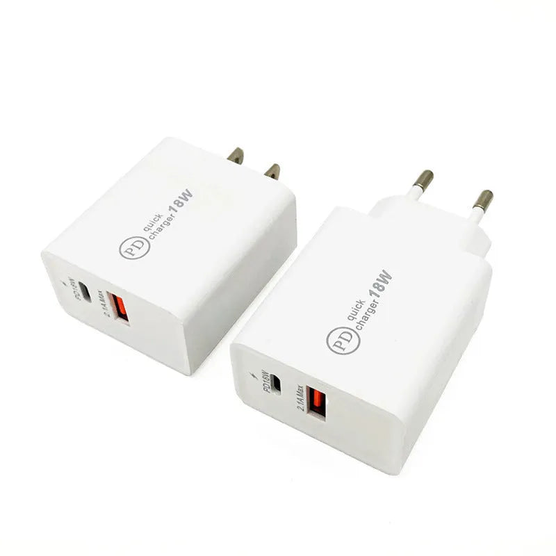 18W USB-C fast wall charger in black or white with US and EU plug options