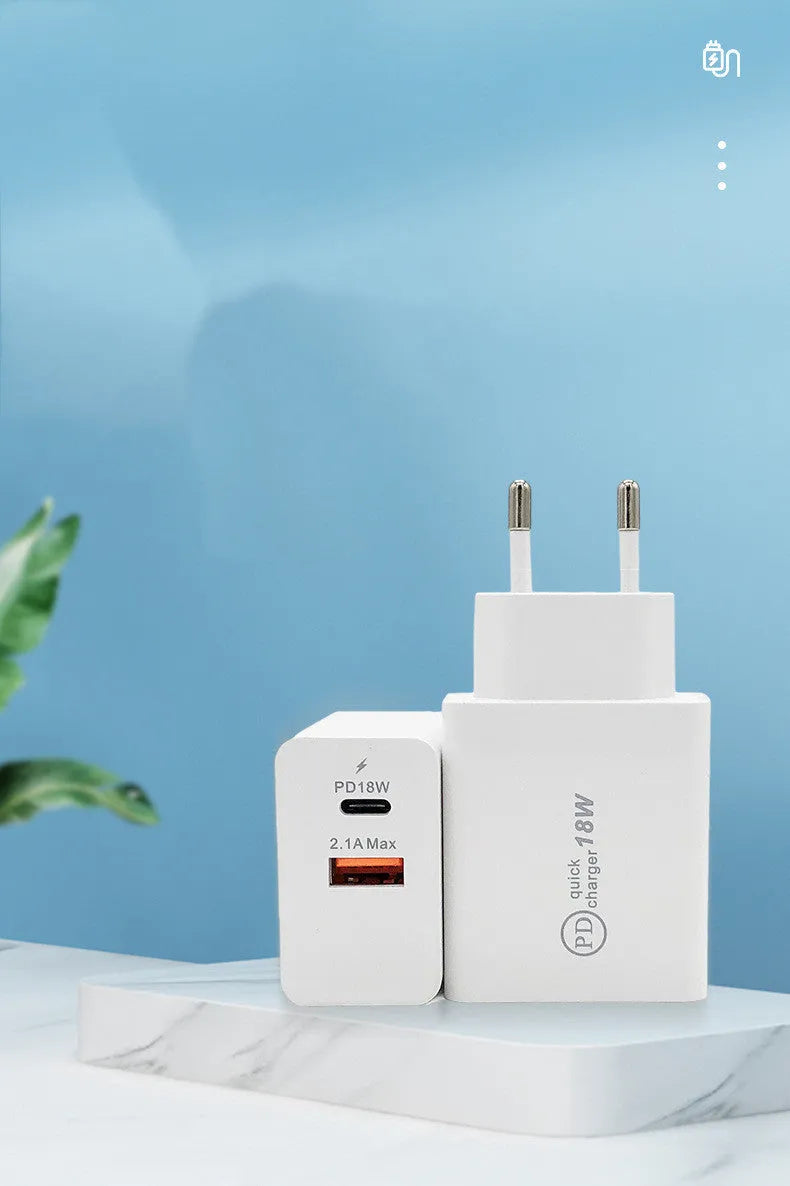 18W USB-C fast wall charger in black or white with US and EU plug options