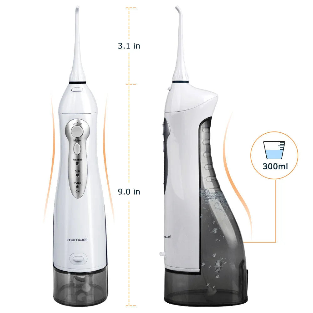 White portable oral irrigator water flosser with a large water tank and multiple nozzles on a bathroom counter.