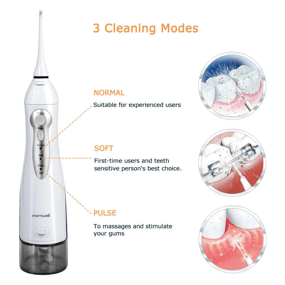 White portable oral irrigator water flosser with a large water tank and multiple nozzles on a bathroom counter.