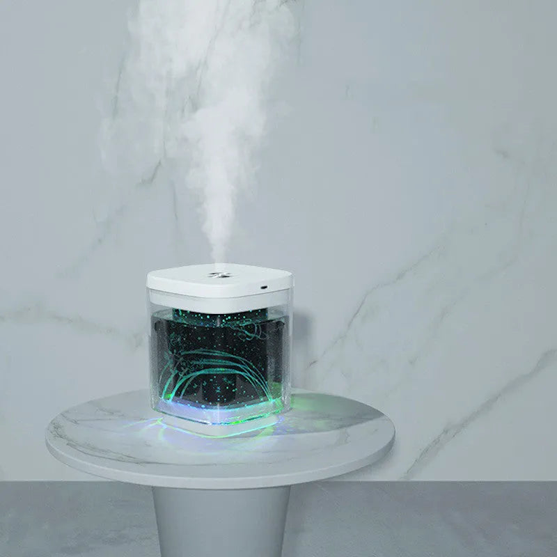 USB projection humidifier with colourful night light on desktop, black colour option