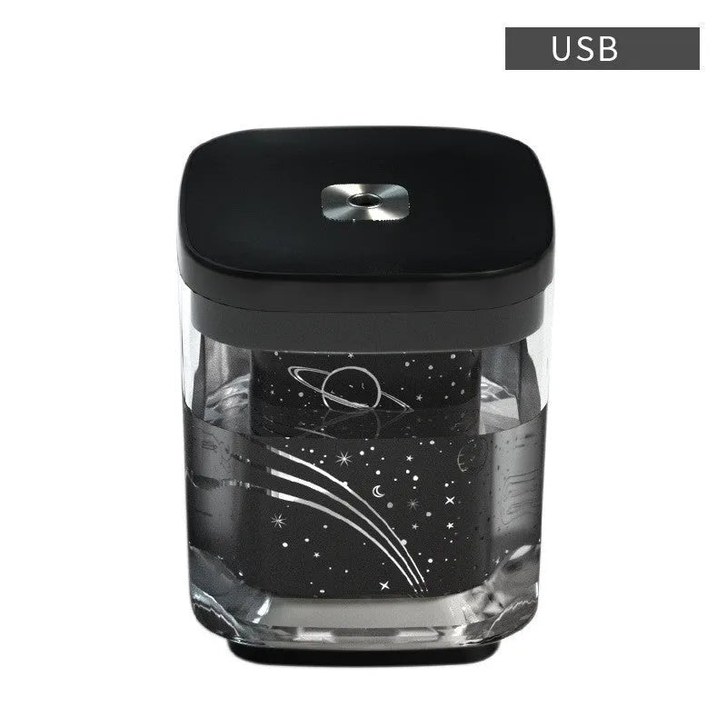 USB projection humidifier with colourful night light on desktop, black colour option