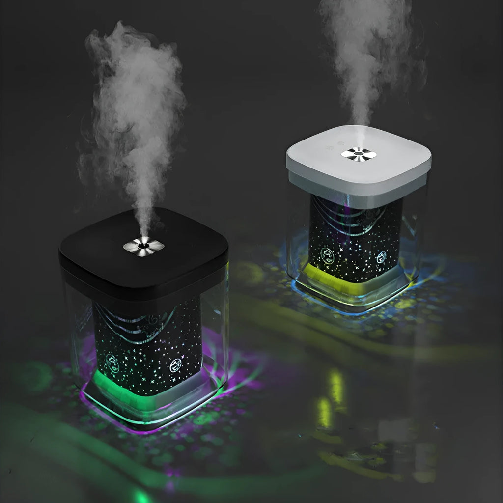 USB projection humidifier with colourful night light on desktop, black colour option