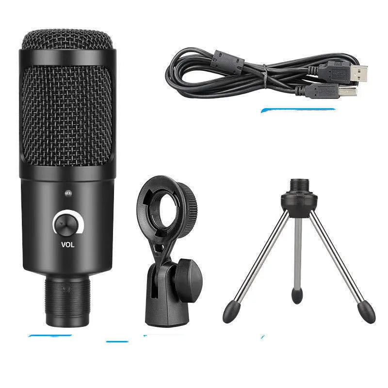 Black USB condenser microphone mounted on an adjustable metal desktop stand.