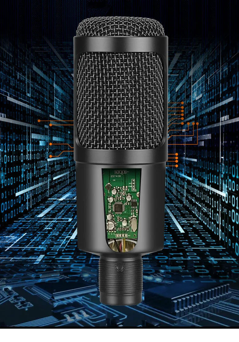 Black USB condenser microphone mounted on an adjustable metal desktop stand.