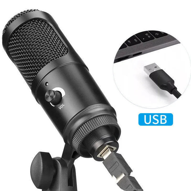 Black USB condenser microphone mounted on an adjustable metal desktop stand.