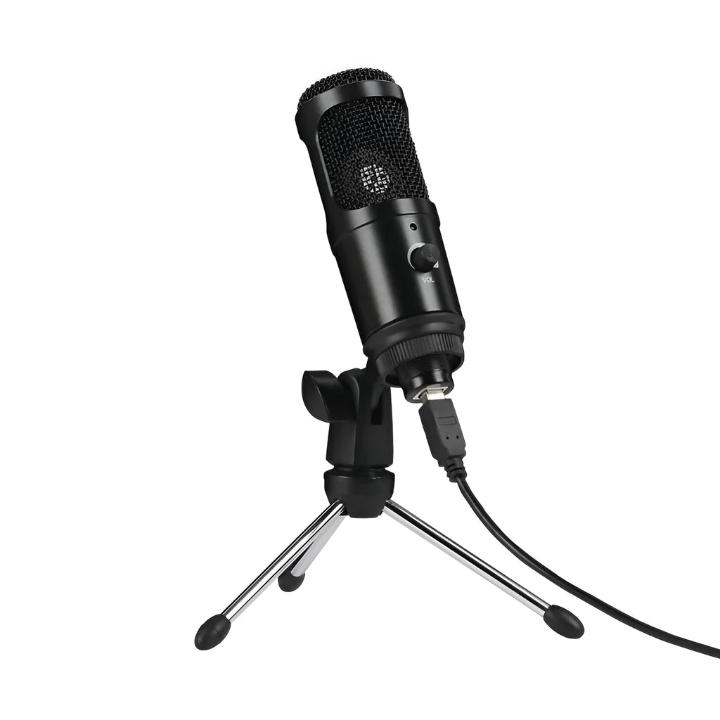 Black USB condenser microphone mounted on an adjustable metal desktop stand.