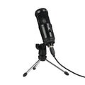 Black USB condenser microphone mounted on an adjustable metal desktop stand.