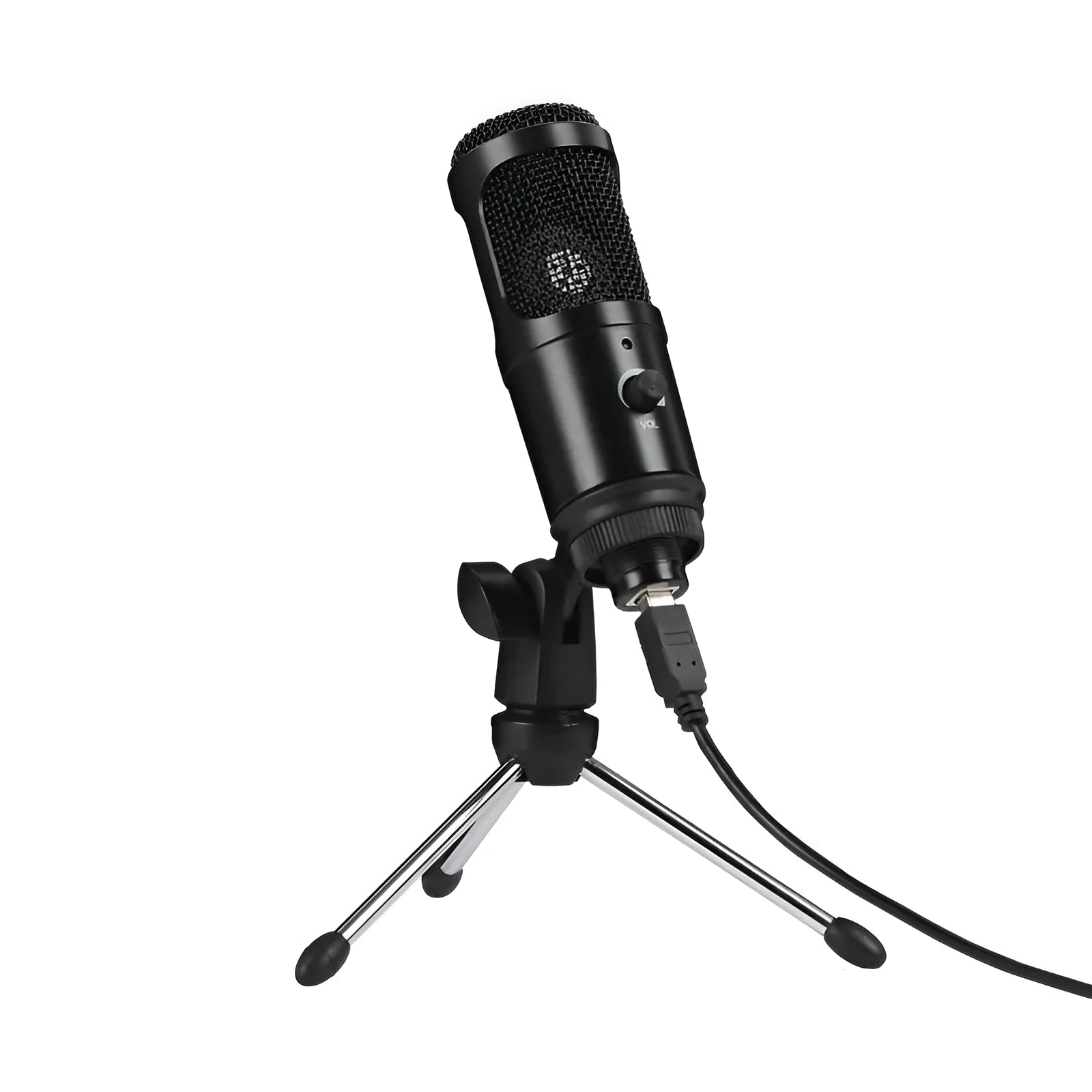 Black USB condenser microphone mounted on an adjustable metal desktop stand.