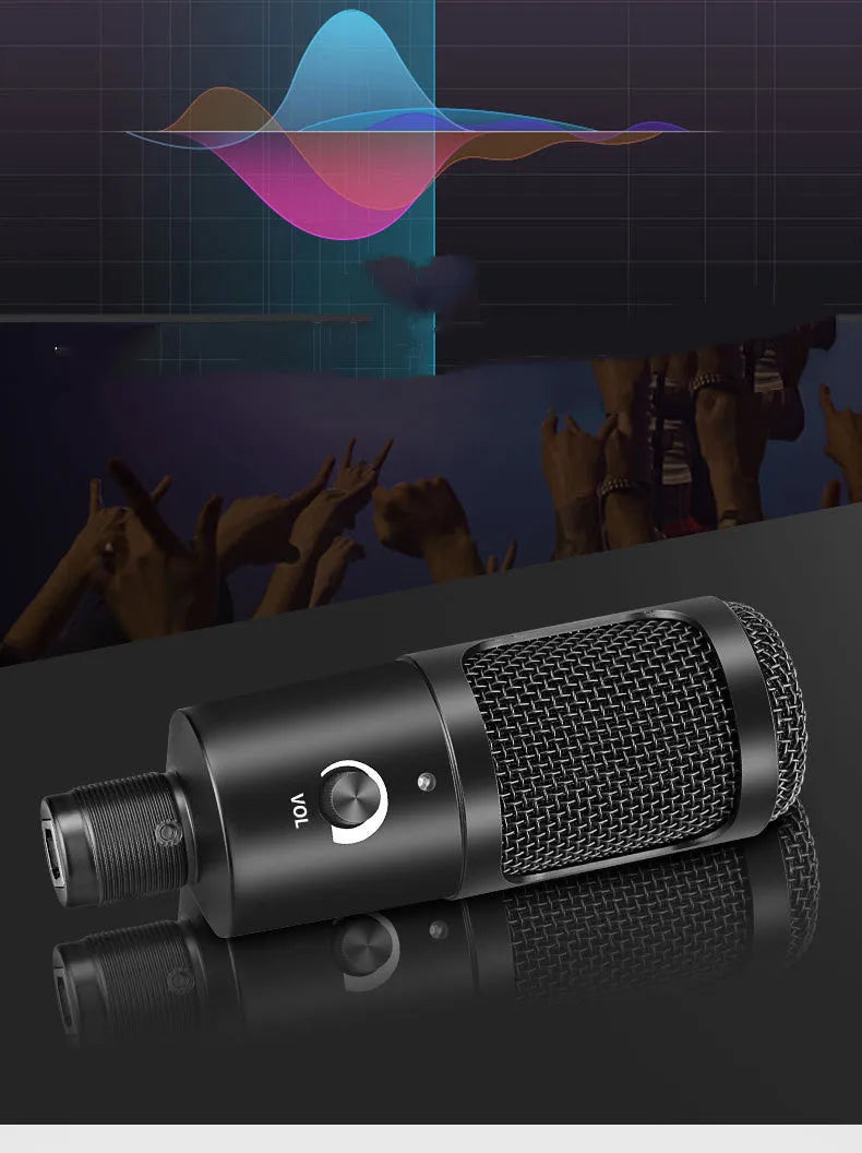 Black USB condenser microphone mounted on an adjustable metal desktop stand.
