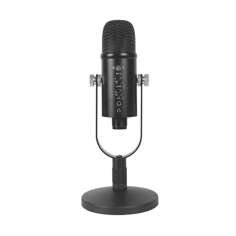 Black USB condenser microphone on a metal desk stand with a foam windscreen attached.