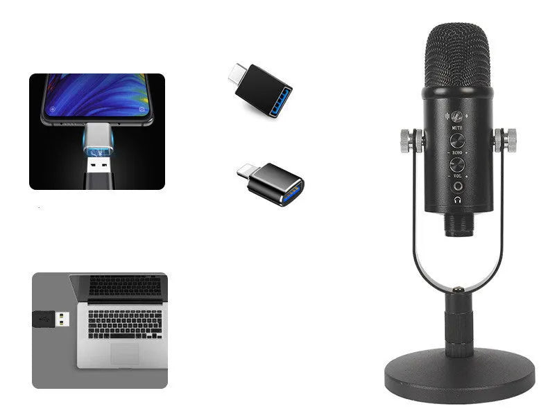 Black USB condenser microphone on a metal desk stand with a foam windscreen attached.