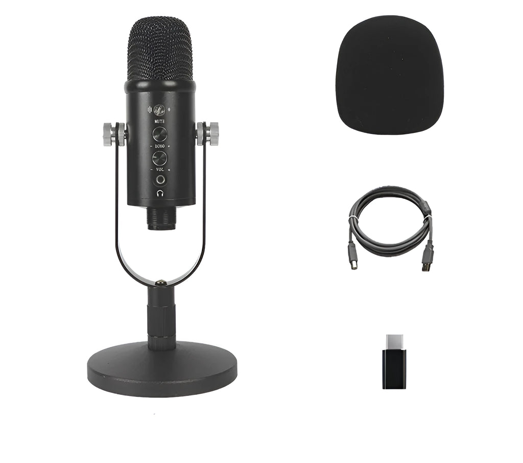 Black USB condenser microphone on a metal desk stand with a foam windscreen attached.