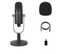 Black USB condenser microphone on a metal desk stand with a foam windscreen attached.
