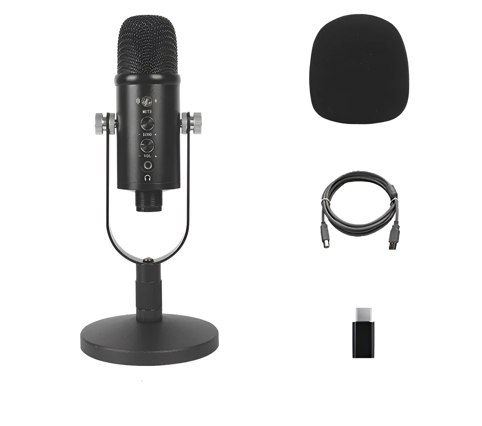 Black USB condenser microphone on a metal desk stand with a foam windscreen attached.