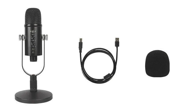 Black USB condenser microphone on a metal desk stand with a foam windscreen attached.