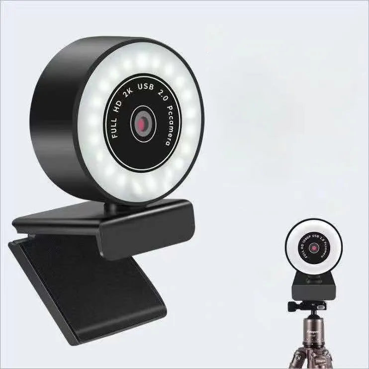 Black USB computer camera with built-in fill light for 1080p HD video conferencing