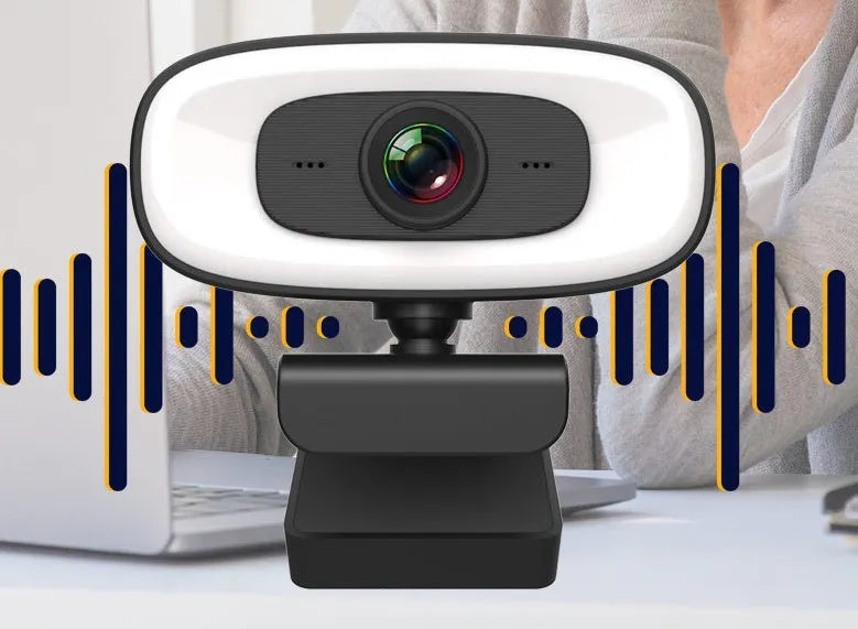 Black USB computer webcam with 2K resolution and CMOS sensor for desktop video calls