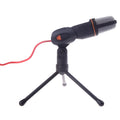 Black wired PC microphone with a detached holder clip and a separate desk bracket on a white background.
