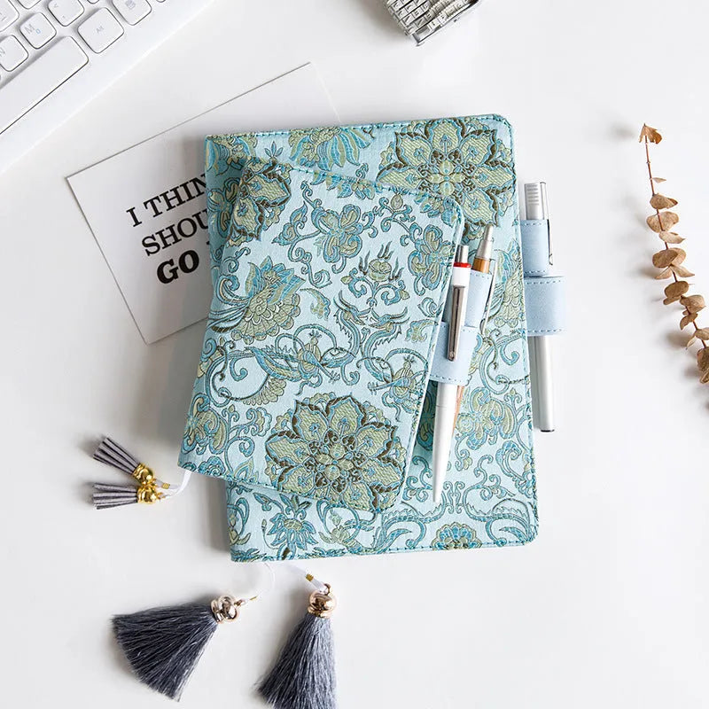 Blue floral fabric notebook open showing pages, available in A5 and A6 sizes.