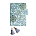 Blue floral fabric notebook open showing pages, available in A5 and A6 sizes.