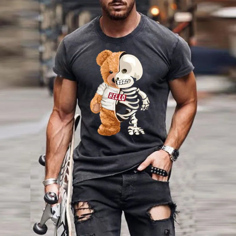 Casual collarless black T-shirt with teddy bear digital print, round neck, short sleeves, loose fit