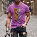 Casual collarless black T-shirt with teddy bear digital print, round neck, short sleeves, loose fit