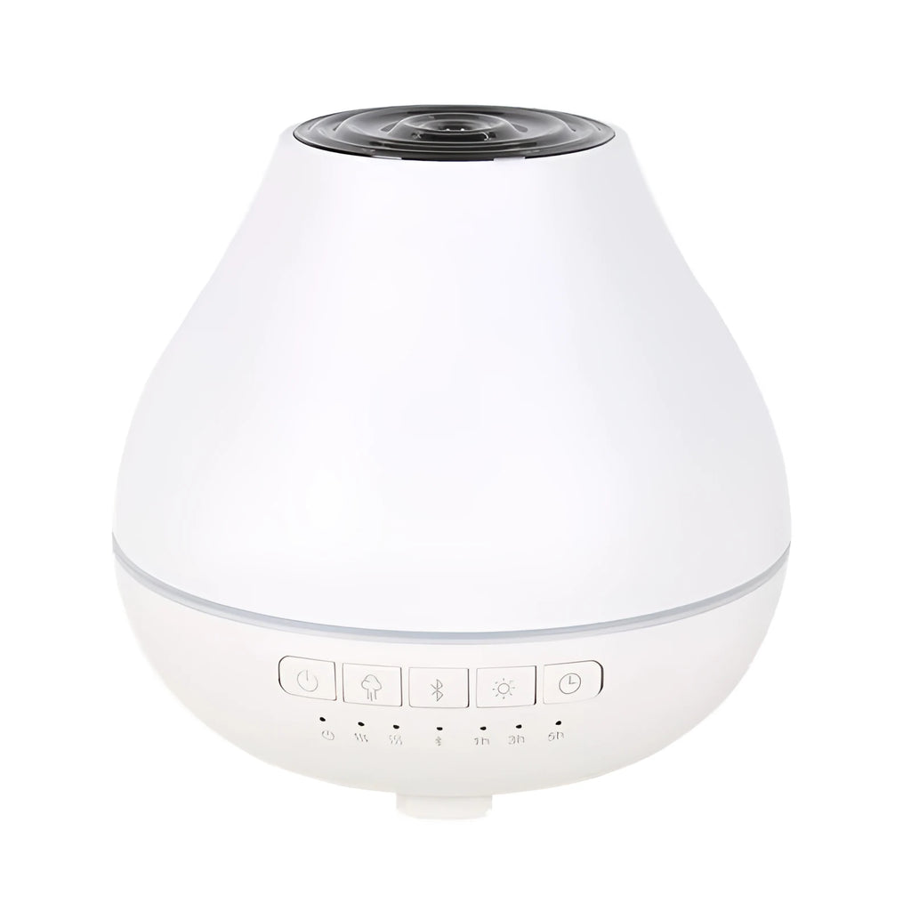White round Bluetooth humidifier and aroma diffuser with night light on a surface.