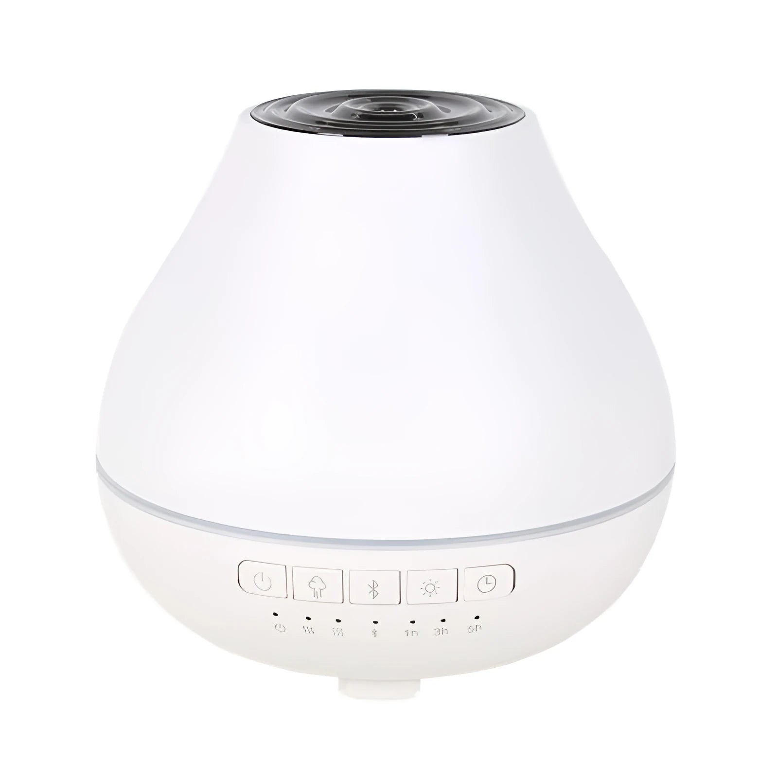 White round Bluetooth humidifier and aroma diffuser with night light on a surface.