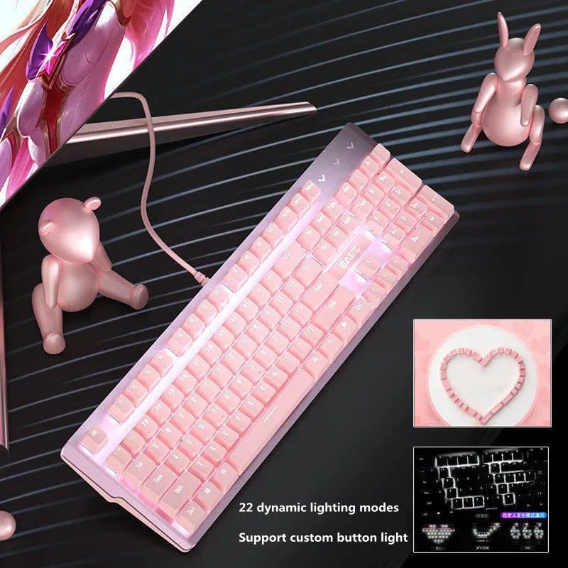 Pink wired mechanical keyboard and matching mouse set on a desk.