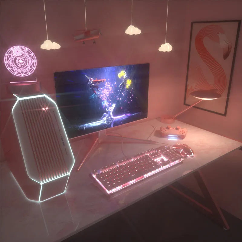 Pink wired mechanical keyboard and matching mouse set on a desk.