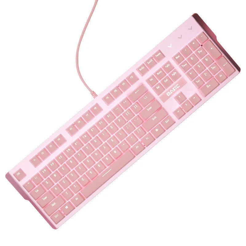 Pink wired mechanical keyboard and matching mouse set on a desk.