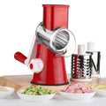 Multi-function kitchen vegetable chopper gadget with suction cup base in blue, green, red, or white.