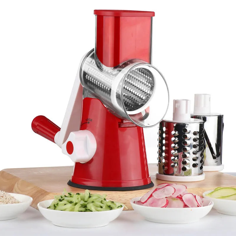 Multi-function kitchen vegetable chopper gadget with suction cup base in blue, green, red, or white.