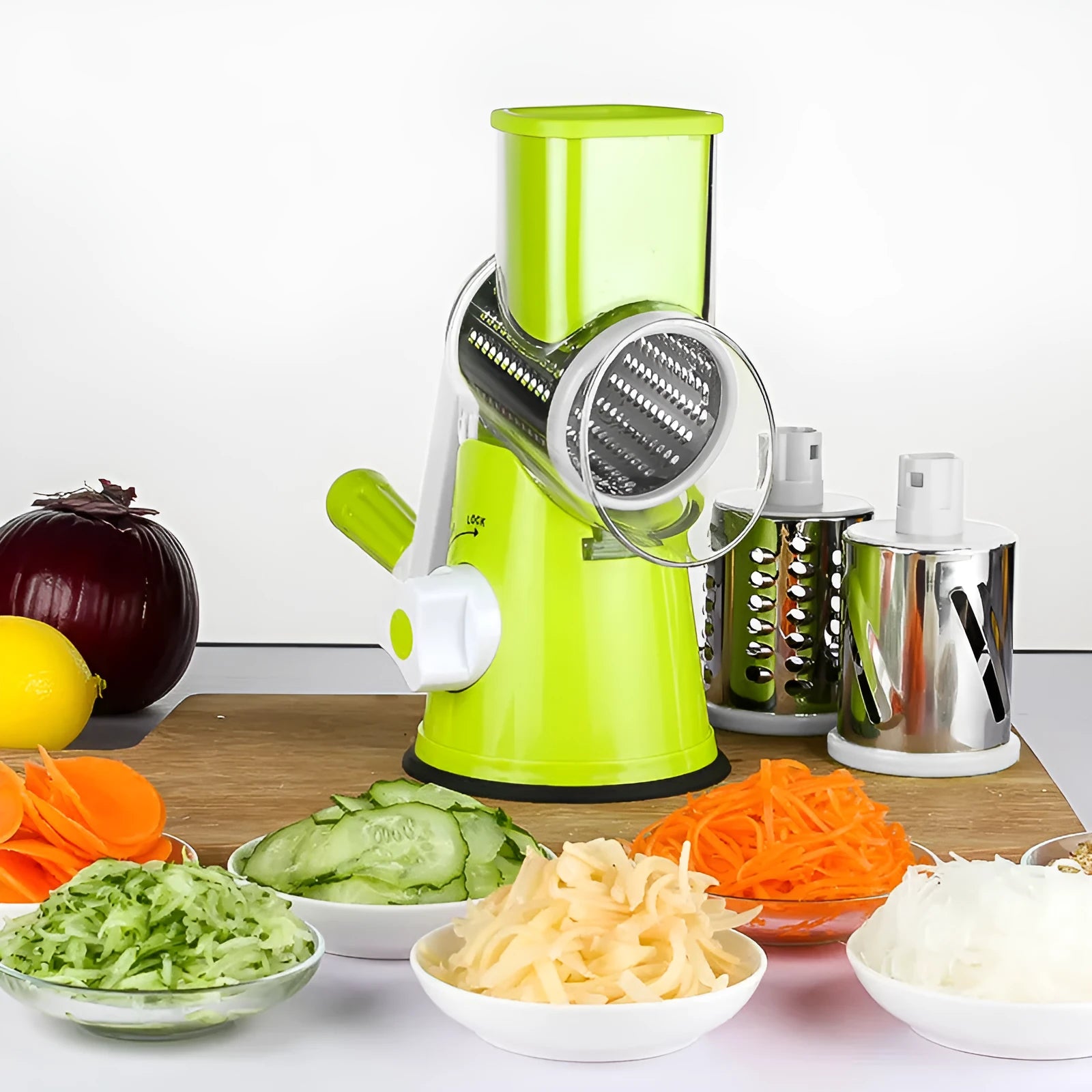 Multi-function kitchen vegetable chopper gadget with suction cup base in blue, green, red, or white.