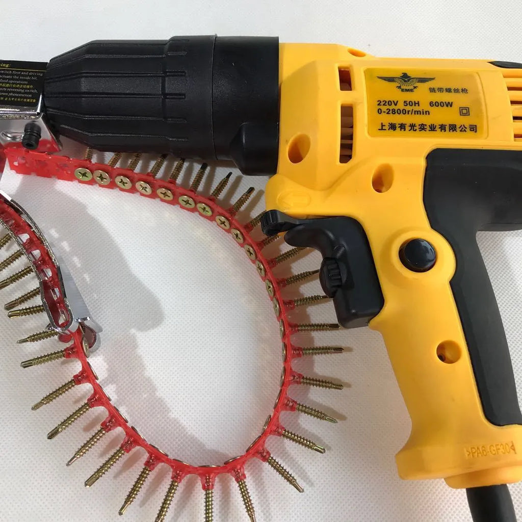Yellow rechargeable electric chain belt screw machine with automatic nail feeding system