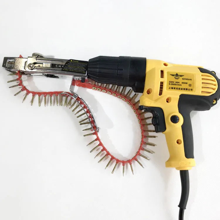 Yellow rechargeable electric chain belt screw machine with automatic nail feeding system