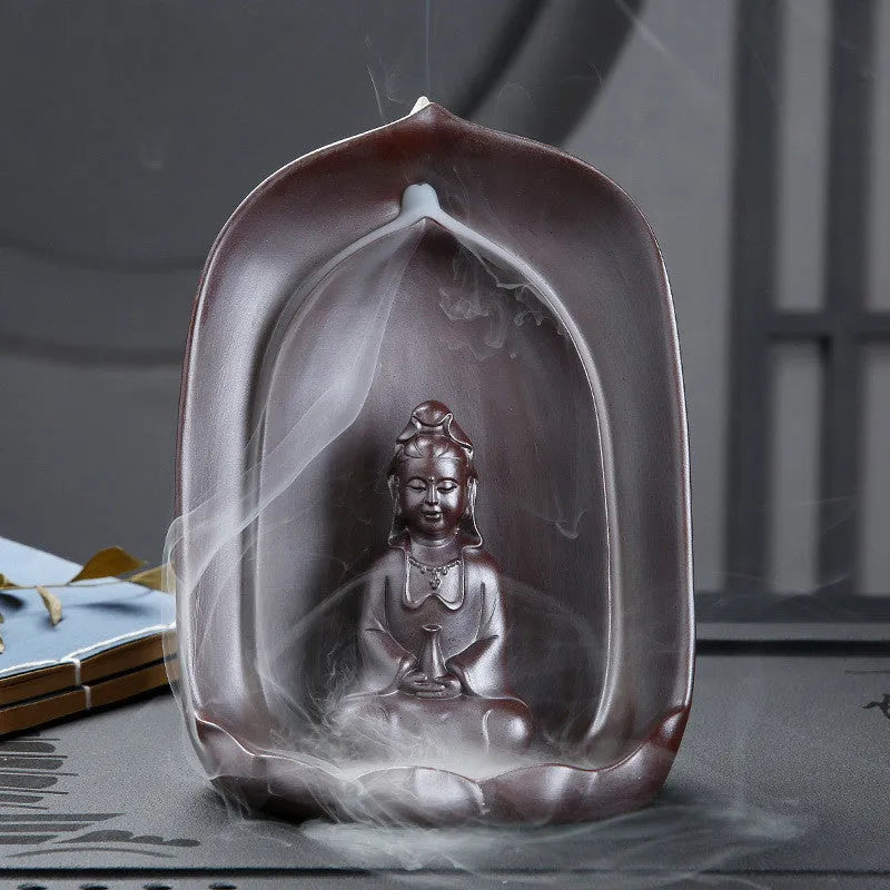 Ceramic Guanyin sitting lotus back flow incense burner for Buddhist altars