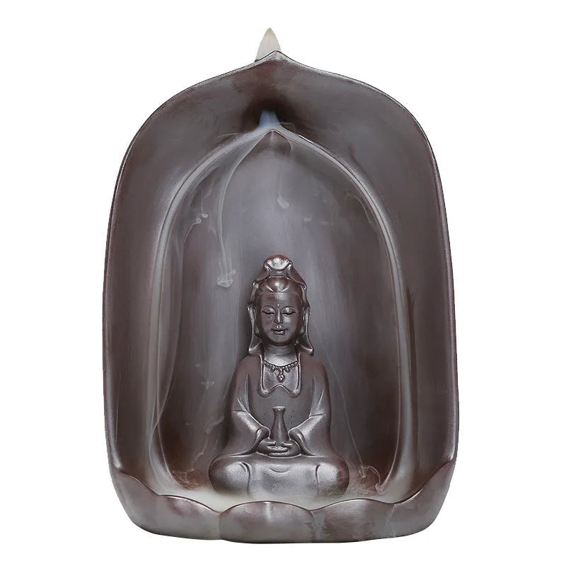 Ceramic Guanyin sitting lotus back flow incense burner for Buddhist altars