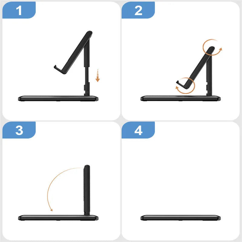Retractable mobile phone stand shown extended for use and folded flat for pocket storage