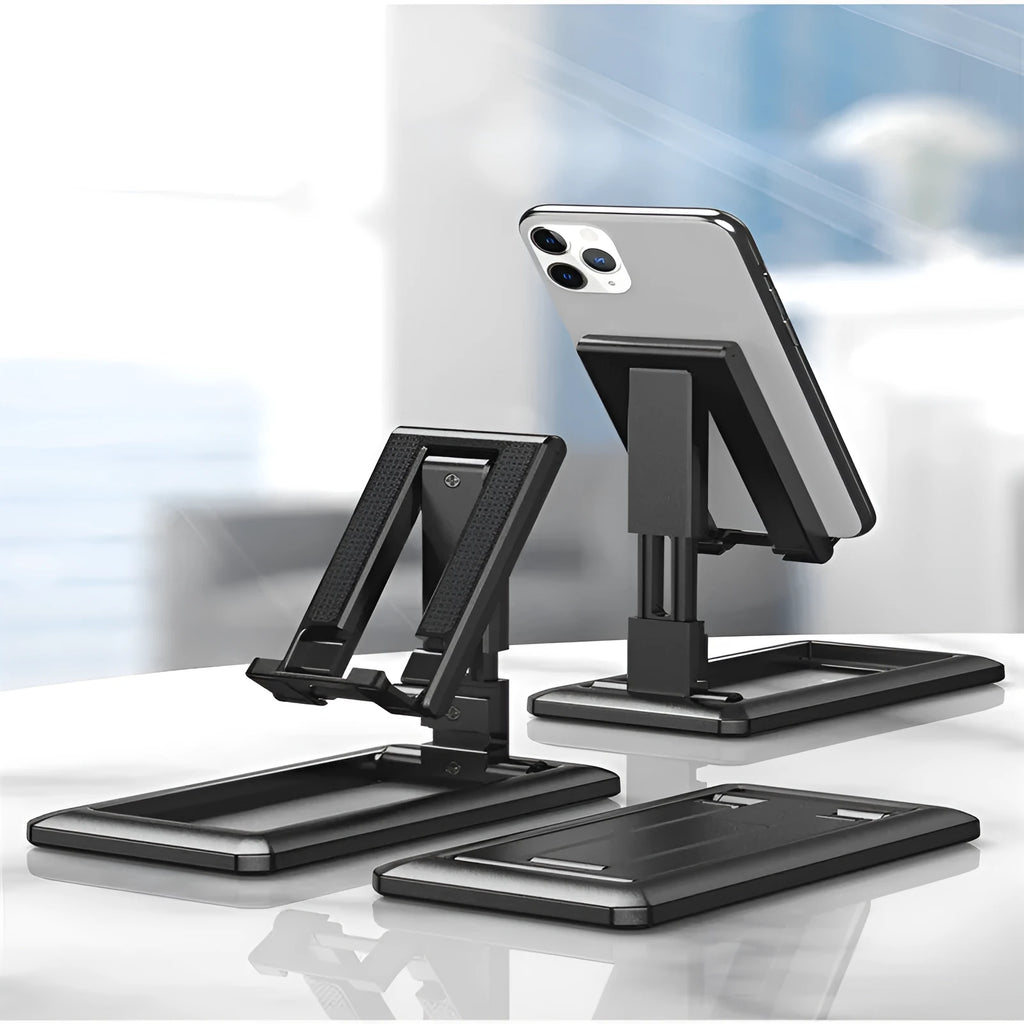 Retractable mobile phone stand shown extended for use and folded flat for pocket storage