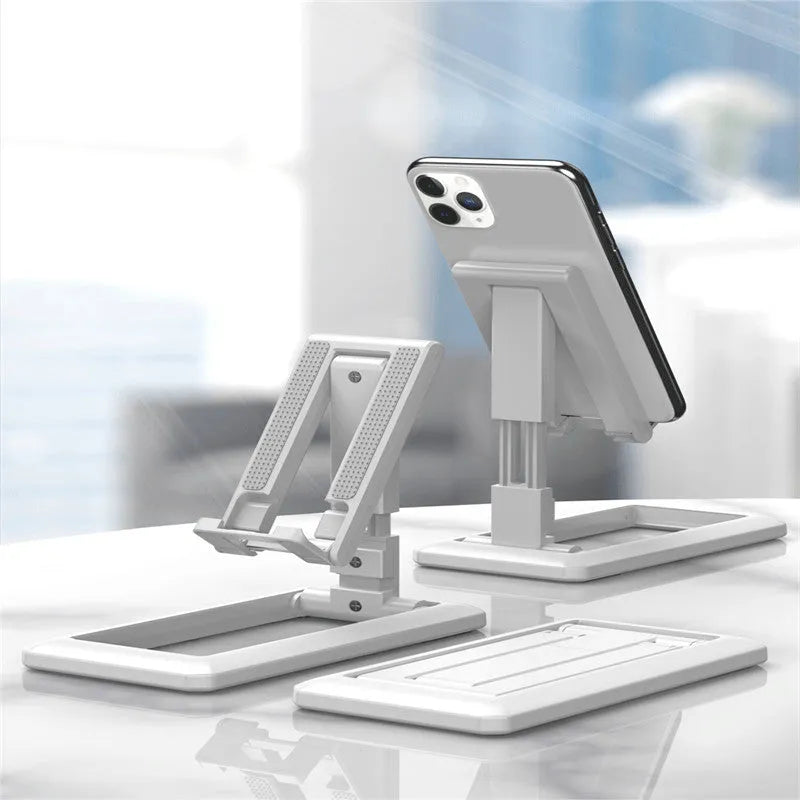 Retractable mobile phone stand shown extended for use and folded flat for pocket storage