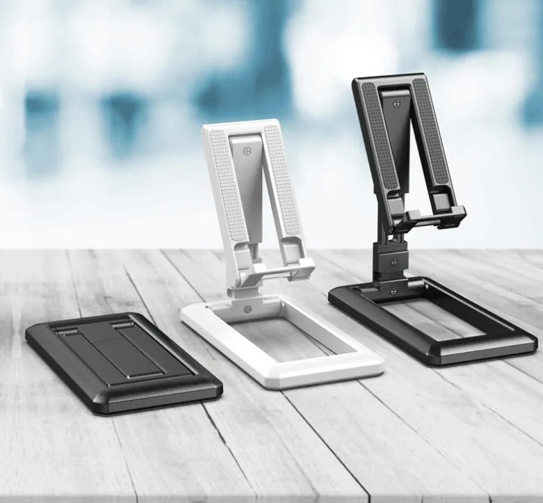 Retractable mobile phone stand shown extended for use and folded flat for pocket storage