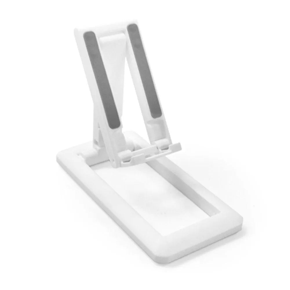 Retractable mobile phone stand shown extended for use and folded flat for pocket storage