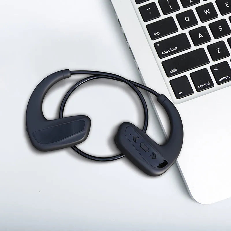 Black waterproof swimming headset with head-mounted design for sports use
