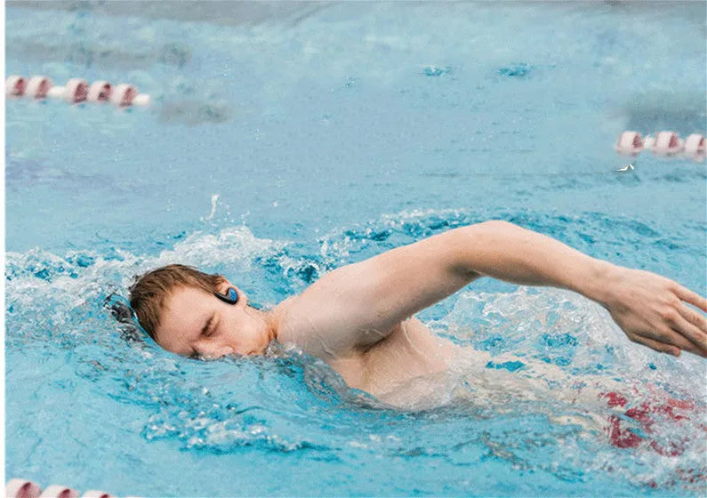 Black waterproof swimming headset with head-mounted design for sports use