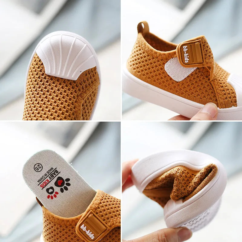 Children's striped casual sneakers with non-slip PVC sole in yellow, grey, black, or rubber powder.