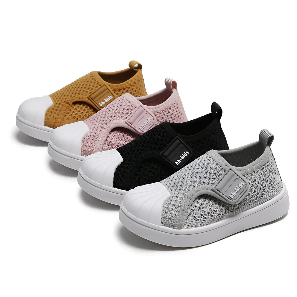 Children's striped casual sneakers with non-slip PVC sole in yellow, grey, black, or rubber powder.