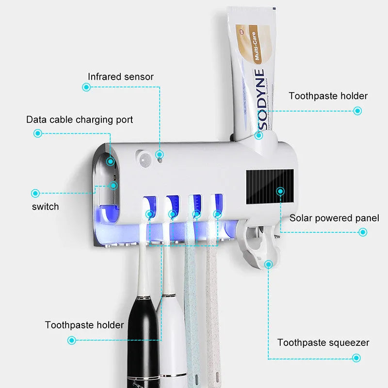 Black and white wall-mounted UV toothbrush steriliser with automatic toothpaste squeezer, showing solar panel and sensor.