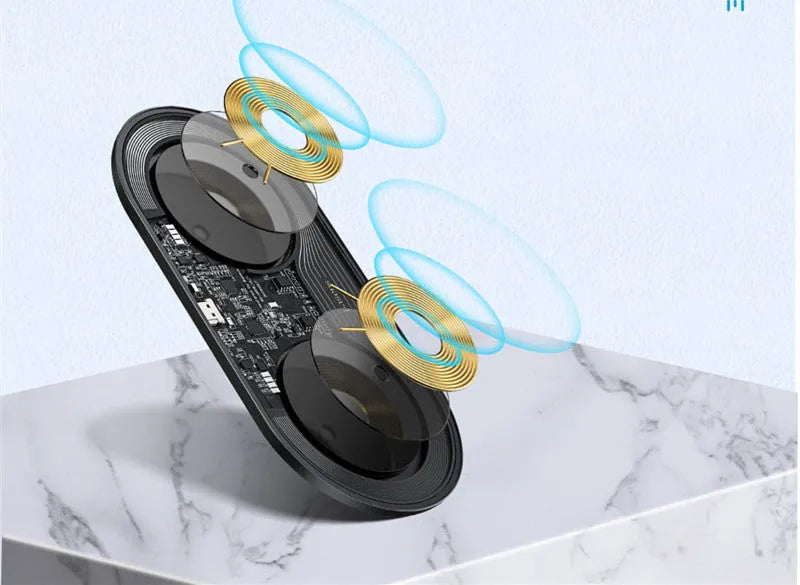 Baseus Minimalist 2-in-1 Wireless Charger Pro in black on a desk, charging a phone and AirPods case.